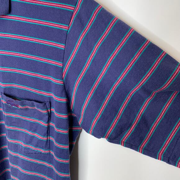 Vintage Made Japan IZOD Blue Striped Polo Shirt Red Green Stripes Sz Small - Picture 5 of 6